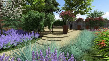 Memleketin peyzaj tasarımının 3 boyutlu görüntüsü. Bölgenin peyzajı. Birleşik peyzaj ve peyzaj çözümlerinin bilgisayar görselleştirmesi