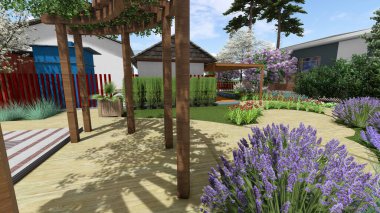 Memleketin peyzaj tasarımının 3 boyutlu görüntüsü. Bölgenin peyzajı. Birleşik peyzaj ve peyzaj çözümlerinin bilgisayar görselleştirmesi