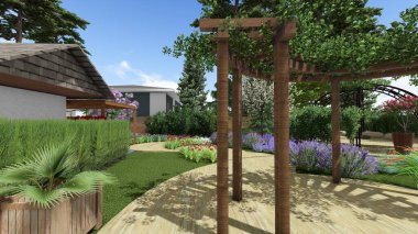 Memleketin peyzaj tasarımının 3 boyutlu görüntüsü. Bölgenin peyzajı. Birleşik peyzaj ve peyzaj çözümlerinin bilgisayar görselleştirmesi