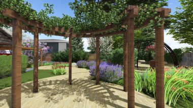 Memleketin peyzaj tasarımının 3 boyutlu görüntüsü. Bölgenin peyzajı. Birleşik peyzaj ve peyzaj çözümlerinin bilgisayar görselleştirmesi