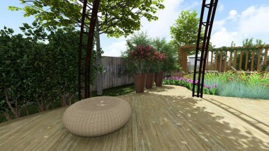 Memleketin peyzaj tasarımının 3 boyutlu görüntüsü. Bölgenin peyzajı. Birleşik peyzaj ve peyzaj çözümlerinin bilgisayar görselleştirmesi