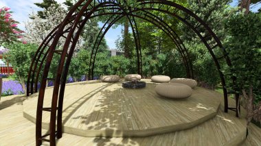 Memleketin peyzaj tasarımının 3 boyutlu görüntüsü. Bölgenin peyzajı. Birleşik peyzaj ve peyzaj çözümlerinin bilgisayar görselleştirmesi