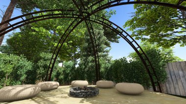 Memleketin peyzaj tasarımının 3 boyutlu görüntüsü. Bölgenin peyzajı. Birleşik peyzaj ve peyzaj çözümlerinin bilgisayar görselleştirmesi