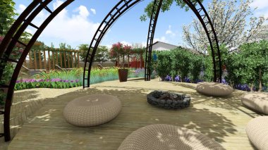 Memleketin peyzaj tasarımının 3 boyutlu görüntüsü. Bölgenin peyzajı. Birleşik peyzaj ve peyzaj çözümlerinin bilgisayar görselleştirmesi