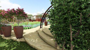 Memleketin peyzaj tasarımının 3 boyutlu görüntüsü. Bölgenin peyzajı. Birleşik peyzaj ve peyzaj çözümlerinin bilgisayar görselleştirmesi