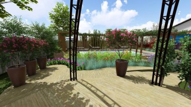 Memleketin peyzaj tasarımının 3 boyutlu görüntüsü. Bölgenin peyzajı. Birleşik peyzaj ve peyzaj çözümlerinin bilgisayar görselleştirmesi