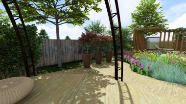 Memleketin peyzaj tasarımının 3 boyutlu görüntüsü. Bölgenin peyzajı. Birleşik peyzaj ve peyzaj çözümlerinin bilgisayar görselleştirmesi