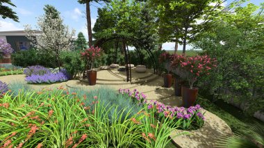 Memleketin peyzaj tasarımının 3 boyutlu görüntüsü. Bölgenin peyzajı. Birleşik peyzaj ve peyzaj çözümlerinin bilgisayar görselleştirmesi