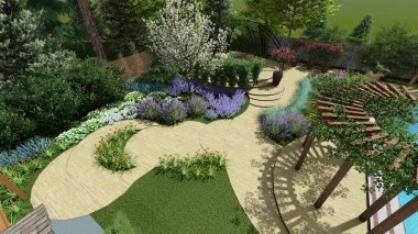 Memleketin peyzaj tasarımının 3 boyutlu görüntüsü. Bölgenin peyzajı. Birleşik peyzaj ve peyzaj çözümlerinin bilgisayar görselleştirmesi