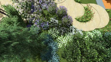 Memleketin peyzaj tasarımının 3 boyutlu görüntüsü. Bölgenin peyzajı. Birleşik peyzaj ve peyzaj çözümlerinin bilgisayar görselleştirmesi