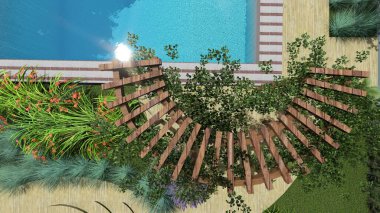 Memleketin peyzaj tasarımının 3 boyutlu görüntüsü. Bölgenin peyzajı. Birleşik peyzaj ve peyzaj çözümlerinin bilgisayar görselleştirmesi