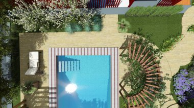 Memleketin peyzaj tasarımının 3 boyutlu görüntüsü. Bölgenin peyzajı. Birleşik peyzaj ve peyzaj çözümlerinin bilgisayar görselleştirmesi