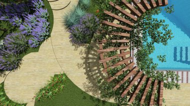 Memleketin peyzaj tasarımının 3 boyutlu görüntüsü. Bölgenin peyzajı. Birleşik peyzaj ve peyzaj çözümlerinin bilgisayar görselleştirmesi