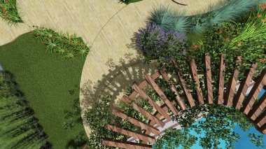 Memleketin peyzaj tasarımının 3 boyutlu görüntüsü. Bölgenin peyzajı. Birleşik peyzaj ve peyzaj çözümlerinin bilgisayar görselleştirmesi