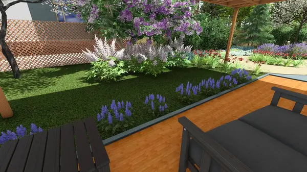 Memleketin peyzaj tasarımının 3 boyutlu görüntüsü. Bölgenin peyzajı. Birleşik peyzaj ve peyzaj çözümlerinin bilgisayar görselleştirmesi