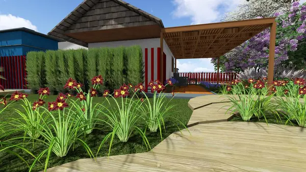 Memleketin peyzaj tasarımının 3 boyutlu görüntüsü. Bölgenin peyzajı. Birleşik peyzaj ve peyzaj çözümlerinin bilgisayar görselleştirmesi