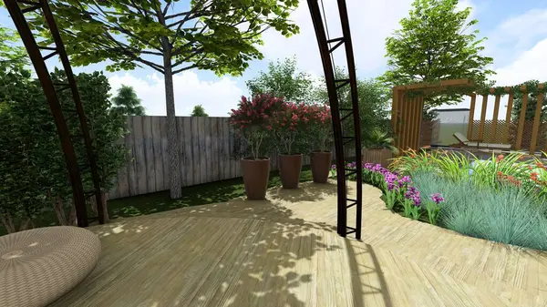 Memleketin peyzaj tasarımının 3 boyutlu görüntüsü. Bölgenin peyzajı. Birleşik peyzaj ve peyzaj çözümlerinin bilgisayar görselleştirmesi