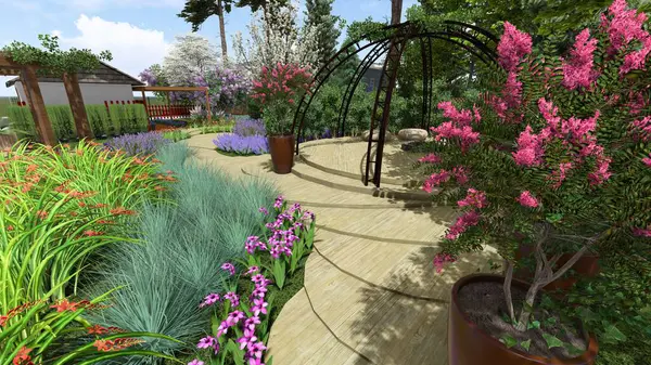 Memleketin peyzaj tasarımının 3 boyutlu görüntüsü. Bölgenin peyzajı. Birleşik peyzaj ve peyzaj çözümlerinin bilgisayar görselleştirmesi