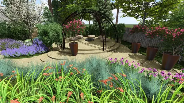 Memleketin peyzaj tasarımının 3 boyutlu görüntüsü. Bölgenin peyzajı. Birleşik peyzaj ve peyzaj çözümlerinin bilgisayar görselleştirmesi