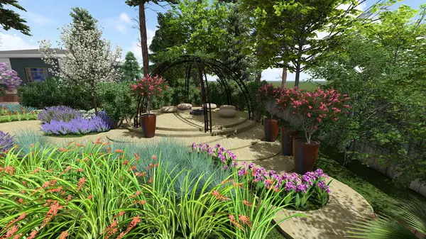 Memleketin peyzaj tasarımının 3 boyutlu görüntüsü. Bölgenin peyzajı. Birleşik peyzaj ve peyzaj çözümlerinin bilgisayar görselleştirmesi