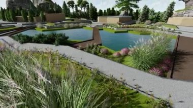 Şehir bahçesinin peyzaj tasarımının panoramik videosu. Park manzarasının avantajlı bir noktasından panoramik manzara.