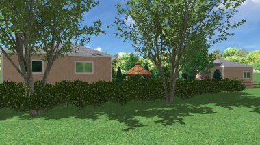 Memleketin peyzaj tasarımının 3 boyutlu görüntüsü. Bölgenin peyzajı. Birleşik peyzaj ve peyzaj çözümlerinin bilgisayar görselleştirmesi.