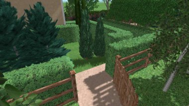 Memleketin peyzaj tasarımının 3 boyutlu görüntüsü. Bölgenin peyzajı. Birleşik peyzaj ve peyzaj çözümlerinin bilgisayar görselleştirmesi.