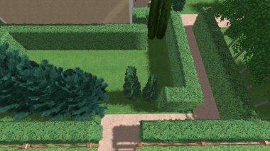 Memleketin peyzaj tasarımının 3 boyutlu görüntüsü. Bölgenin peyzajı. Birleşik peyzaj ve peyzaj çözümlerinin bilgisayar görselleştirmesi.