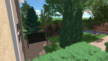 Memleketin peyzaj tasarımının 3 boyutlu görüntüsü. Bölgenin peyzajı. Birleşik peyzaj ve peyzaj çözümlerinin bilgisayar görselleştirmesi.