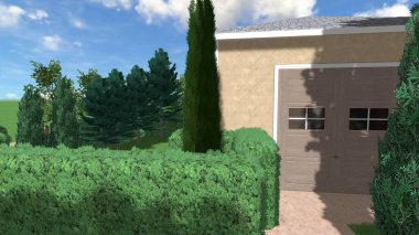 Memleketin peyzaj tasarımının 3 boyutlu görüntüsü. Bölgenin peyzajı. Birleşik peyzaj ve peyzaj çözümlerinin bilgisayar görselleştirmesi.