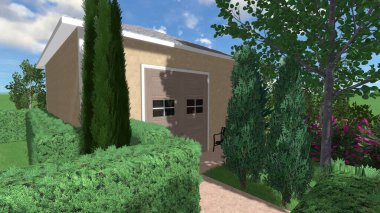 Memleketin peyzaj tasarımının 3 boyutlu görüntüsü. Bölgenin peyzajı. Birleşik peyzaj ve peyzaj çözümlerinin bilgisayar görselleştirmesi.