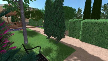 Memleketin peyzaj tasarımının 3 boyutlu görüntüsü. Bölgenin peyzajı. Birleşik peyzaj ve peyzaj çözümlerinin bilgisayar görselleştirmesi.