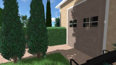 Memleketin peyzaj tasarımının 3 boyutlu görüntüsü. Bölgenin peyzajı. Birleşik peyzaj ve peyzaj çözümlerinin bilgisayar görselleştirmesi.