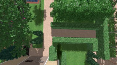 Memleketin peyzaj tasarımının 3 boyutlu görüntüsü. Bölgenin peyzajı. Birleşik peyzaj ve peyzaj çözümlerinin bilgisayar görselleştirmesi.