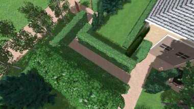 Memleketin peyzaj tasarımının 3 boyutlu görüntüsü. Bölgenin peyzajı. Birleşik peyzaj ve peyzaj çözümlerinin bilgisayar görselleştirmesi.