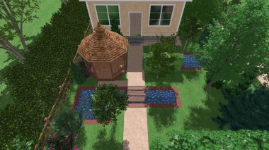 Memleketin peyzaj tasarımının 3 boyutlu görüntüsü. Bölgenin peyzajı. Birleşik peyzaj ve peyzaj çözümlerinin bilgisayar görselleştirmesi.