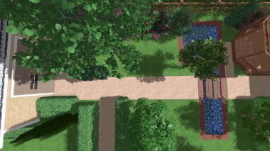 Memleketin peyzaj tasarımının 3 boyutlu görüntüsü. Bölgenin peyzajı. Birleşik peyzaj ve peyzaj çözümlerinin bilgisayar görselleştirmesi.