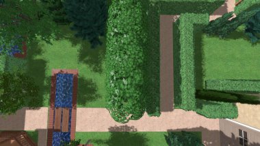 Memleketin peyzaj tasarımının 3 boyutlu görüntüsü. Bölgenin peyzajı. Birleşik peyzaj ve peyzaj çözümlerinin bilgisayar görselleştirmesi.