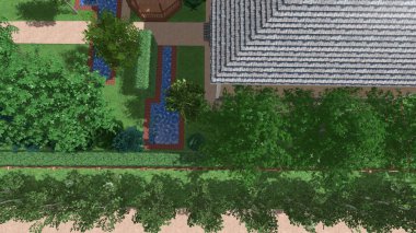 Memleketin peyzaj tasarımının 3 boyutlu görüntüsü. Bölgenin peyzajı. Birleşik peyzaj ve peyzaj çözümlerinin bilgisayar görselleştirmesi.