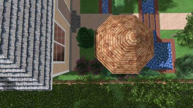 Memleketin peyzaj tasarımının 3 boyutlu görüntüsü. Bölgenin peyzajı. Birleşik peyzaj ve peyzaj çözümlerinin bilgisayar görselleştirmesi.