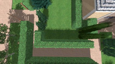 Memleketin peyzaj tasarımının 3 boyutlu görüntüsü. Bölgenin peyzajı. Birleşik peyzaj ve peyzaj çözümlerinin bilgisayar görselleştirmesi.