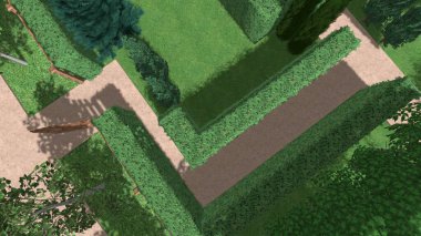 Memleketin peyzaj tasarımının 3 boyutlu görüntüsü. Bölgenin peyzajı. Birleşik peyzaj ve peyzaj çözümlerinin bilgisayar görselleştirmesi.