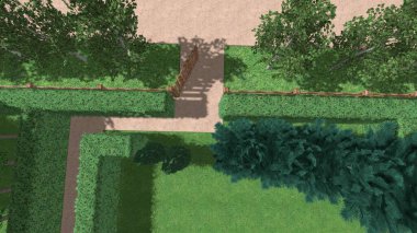 Memleketin peyzaj tasarımının 3 boyutlu görüntüsü. Bölgenin peyzajı. Birleşik peyzaj ve peyzaj çözümlerinin bilgisayar görselleştirmesi.