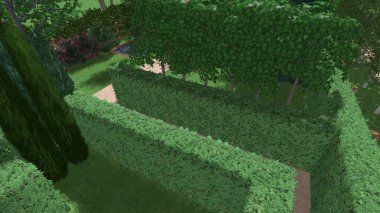 Memleketin peyzaj tasarımının 3 boyutlu görüntüsü. Bölgenin peyzajı. Birleşik peyzaj ve peyzaj çözümlerinin bilgisayar görselleştirmesi.