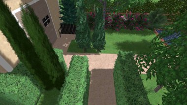 Memleketin peyzaj tasarımının 3 boyutlu görüntüsü. Bölgenin peyzajı. Birleşik peyzaj ve peyzaj çözümlerinin bilgisayar görselleştirmesi.