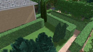 Memleketin peyzaj tasarımının 3 boyutlu görüntüsü. Bölgenin peyzajı. Birleşik peyzaj ve peyzaj çözümlerinin bilgisayar görselleştirmesi.