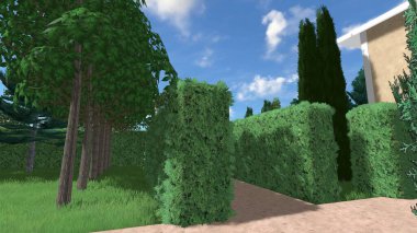 Memleketin peyzaj tasarımının 3 boyutlu görüntüsü. Bölgenin peyzajı. Birleşik peyzaj ve peyzaj çözümlerinin bilgisayar görselleştirmesi.