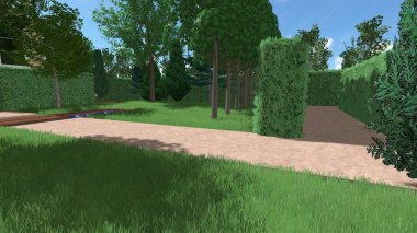 Memleketin peyzaj tasarımının 3 boyutlu görüntüsü. Bölgenin peyzajı. Birleşik peyzaj ve peyzaj çözümlerinin bilgisayar görselleştirmesi.