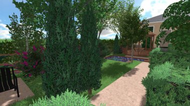 Memleketin peyzaj tasarımının 3 boyutlu görüntüsü. Bölgenin peyzajı. Birleşik peyzaj ve peyzaj çözümlerinin bilgisayar görselleştirmesi.