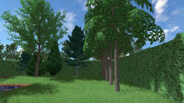 Memleketin peyzaj tasarımının 3 boyutlu görüntüsü. Bölgenin peyzajı. Birleşik peyzaj ve peyzaj çözümlerinin bilgisayar görselleştirmesi.